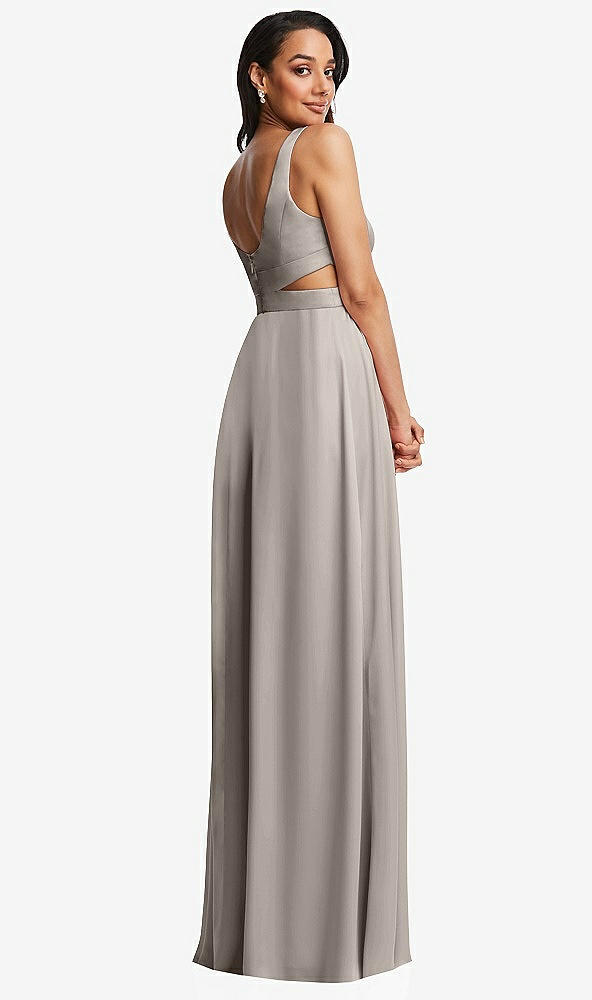 Back View - Taupe Open Neck Cross Bodice Cutout  Maxi Dress with Front Slit