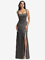 Front View Thumbnail - Caviar Gray Lace Up Tie-Back Corset Maxi Dress with Front Slit