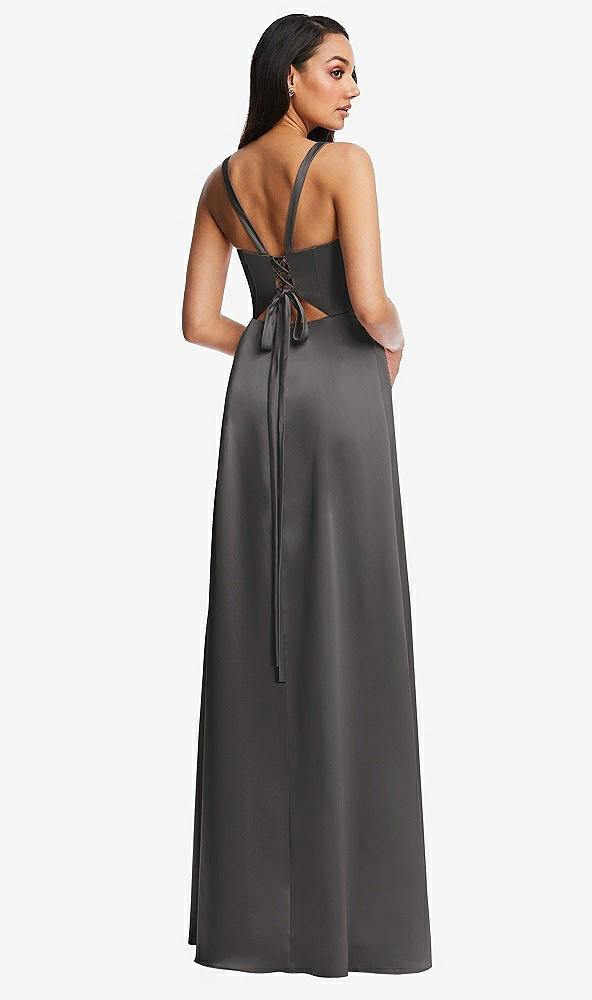 Back View - Caviar Gray Lace Up Tie-Back Corset Maxi Dress with Front Slit