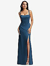 Front View Thumbnail - Dusk Blue Lace Up Tie-Back Corset Maxi Dress with Front Slit