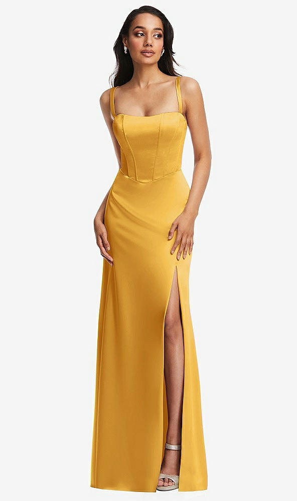 Front View - NYC Yellow Lace Up Tie-Back Corset Maxi Dress with Front Slit