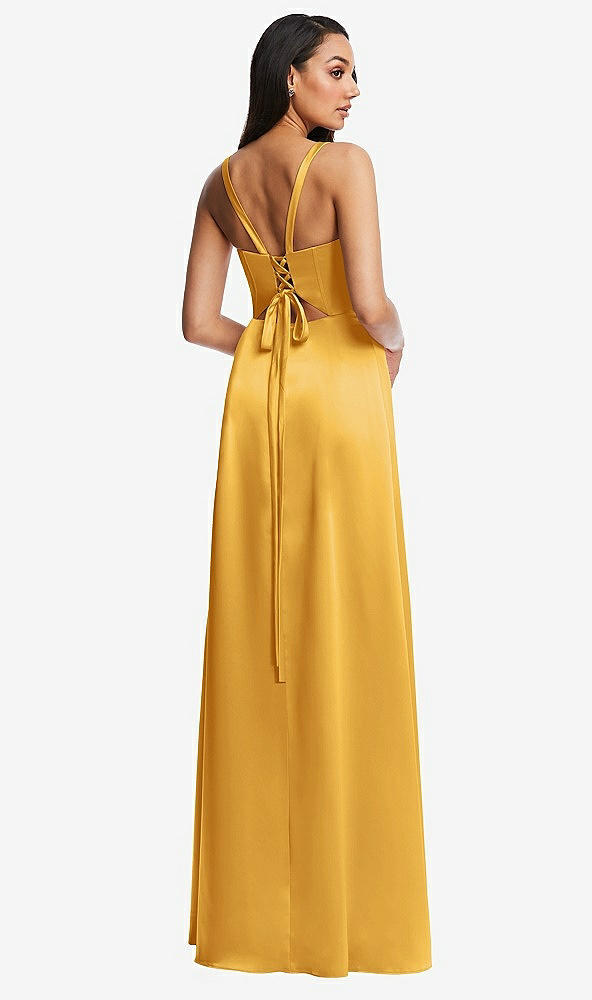 Back View - NYC Yellow Lace Up Tie-Back Corset Maxi Dress with Front Slit