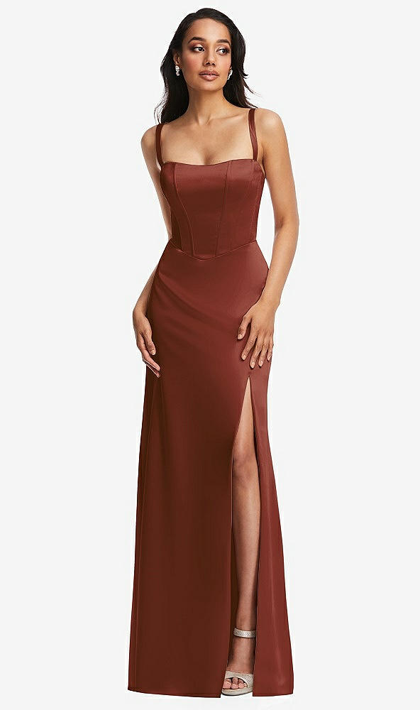 Front View - Auburn Moon Lace Up Tie-Back Corset Maxi Dress with Front Slit