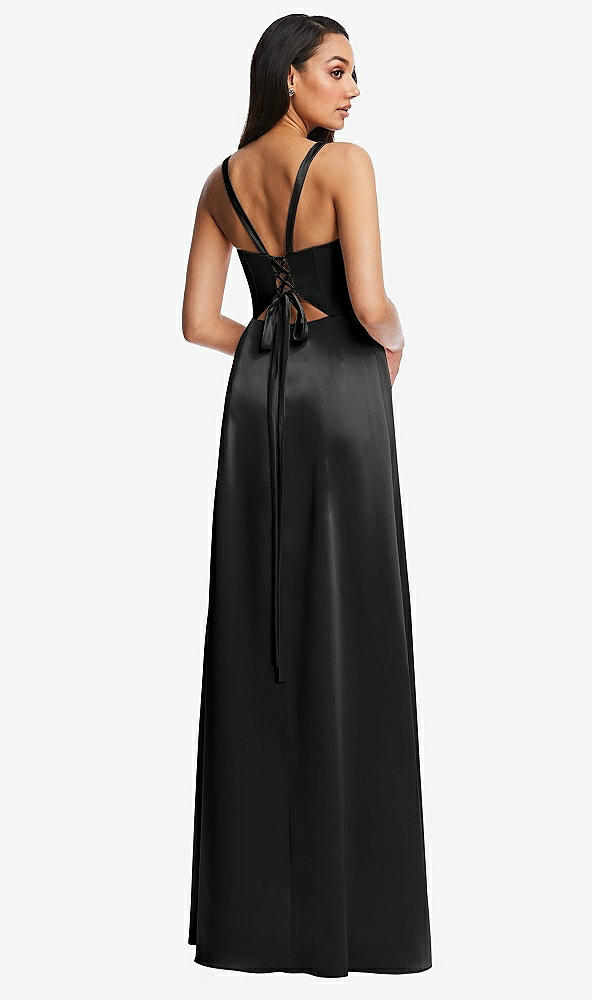 Back View - Black Lace Up Tie-Back Corset Maxi Dress with Front Slit