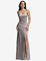 Front View Thumbnail - Cashmere Gray Lace Up Tie-Back Corset Maxi Dress with Front Slit