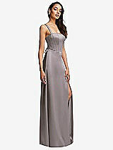 Side View Thumbnail - Cashmere Gray Lace Up Tie-Back Corset Maxi Dress with Front Slit
