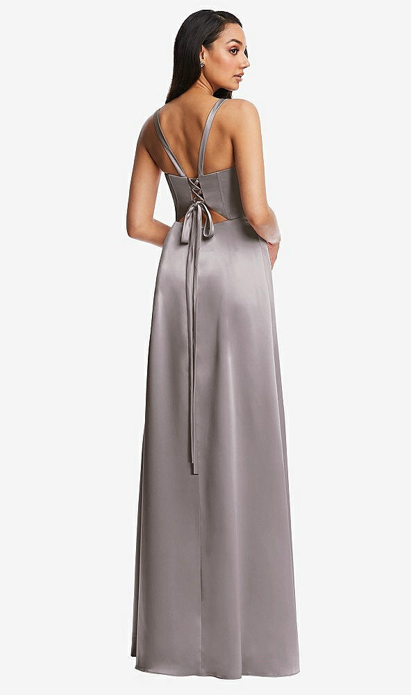 Back View - Cashmere Gray Lace Up Tie-Back Corset Maxi Dress with Front Slit