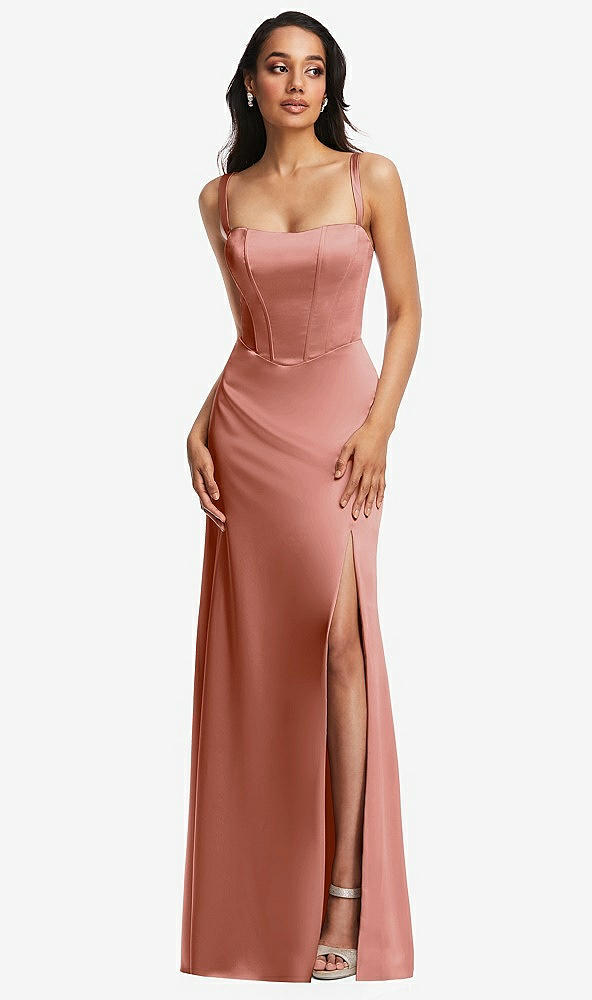Front View - Desert Rose Lace Up Tie-Back Corset Maxi Dress with Front Slit
