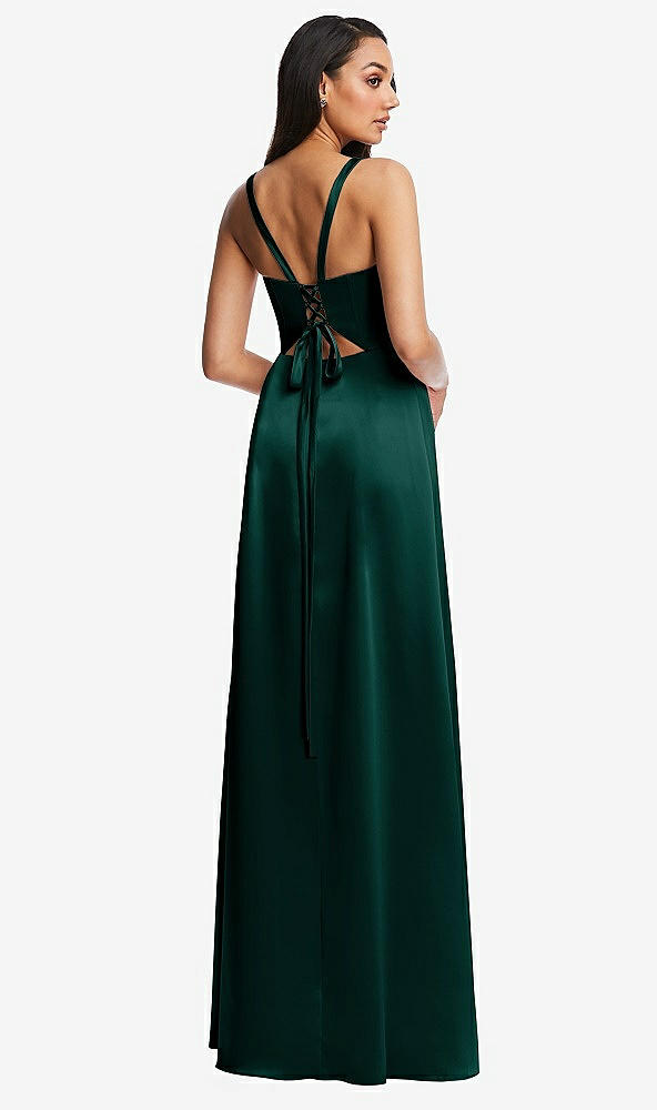 Back View - Evergreen Lace Up Tie-Back Corset Maxi Dress with Front Slit
