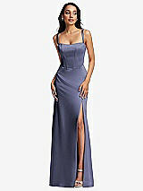 Front View Thumbnail - French Blue Lace Up Tie-Back Corset Maxi Dress with Front Slit