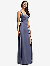 Side View Thumbnail - French Blue Lace Up Tie-Back Corset Maxi Dress with Front Slit