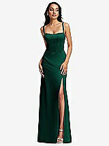 Front View Thumbnail - Hunter Green Lace Up Tie-Back Corset Maxi Dress with Front Slit