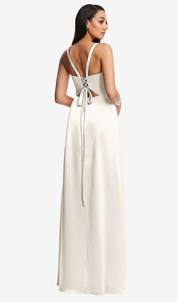 Back View - Ivory Lace Up Tie-Back Corset Maxi Dress with Front Slit