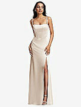 Front View Thumbnail - Oat Lace Up Tie-Back Corset Maxi Dress with Front Slit