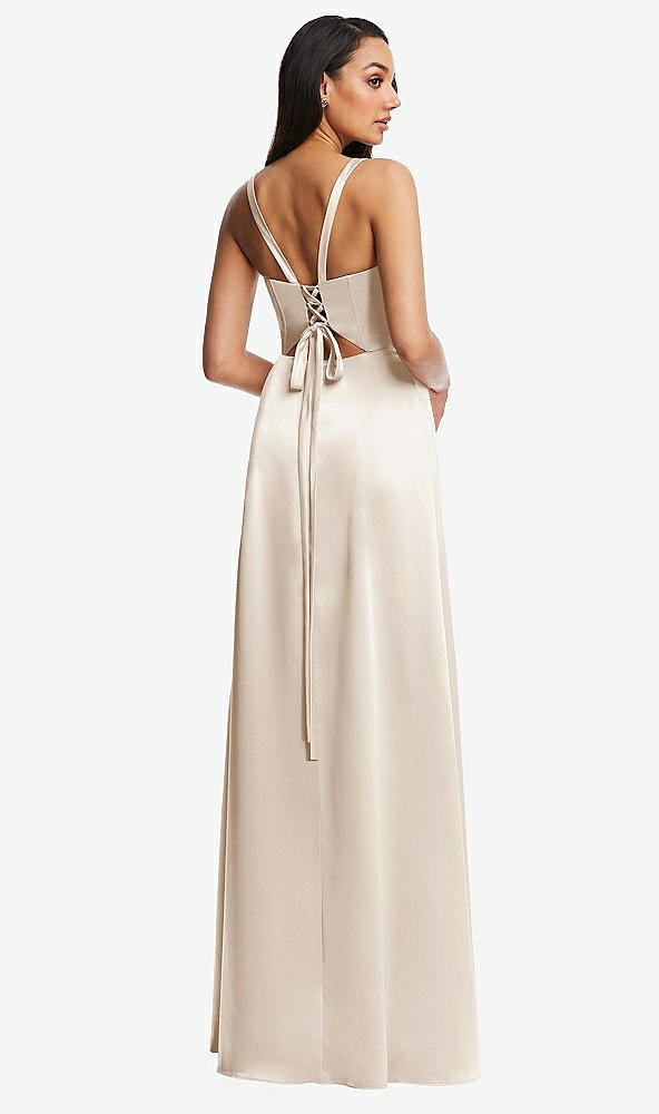 Back View - Oat Lace Up Tie-Back Corset Maxi Dress with Front Slit