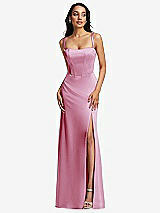 Front View Thumbnail - Powder Pink Lace Up Tie-Back Corset Maxi Dress with Front Slit