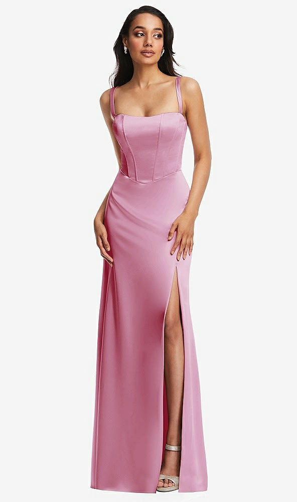 Front View - Powder Pink Lace Up Tie-Back Corset Maxi Dress with Front Slit
