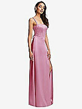 Side View Thumbnail - Powder Pink Lace Up Tie-Back Corset Maxi Dress with Front Slit