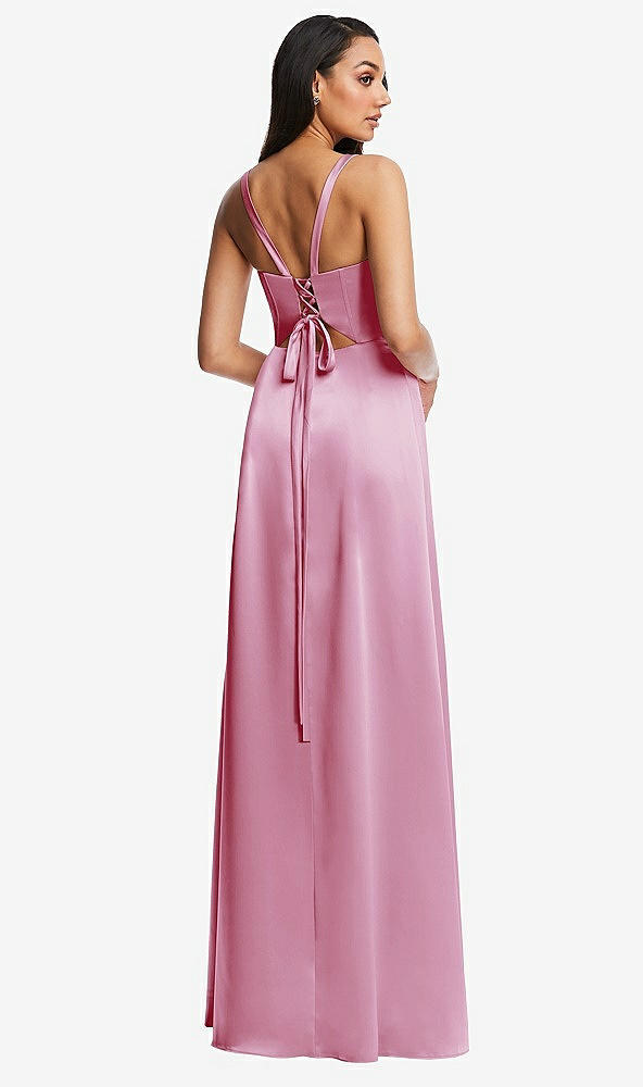 Back View - Powder Pink Lace Up Tie-Back Corset Maxi Dress with Front Slit