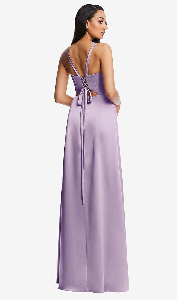 Back View - Pale Purple Lace Up Tie-Back Corset Maxi Dress with Front Slit
