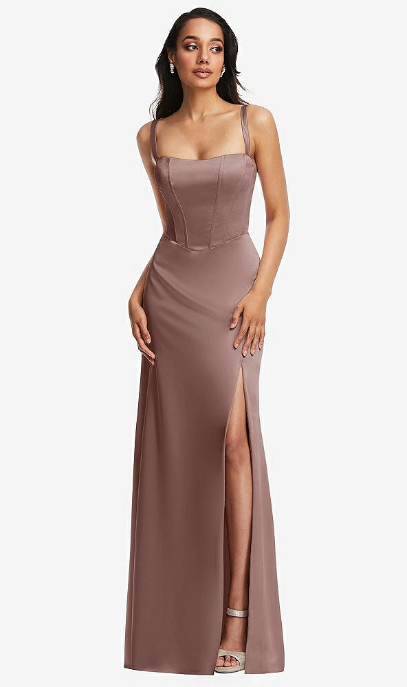 Front View - Sienna Lace Up Tie-Back Corset Maxi Dress with Front Slit