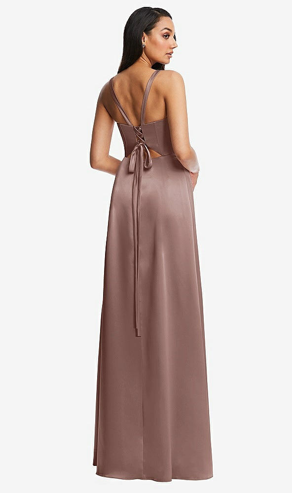 Back View - Sienna Lace Up Tie-Back Corset Maxi Dress with Front Slit