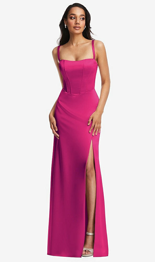 Front View - Think Pink Lace Up Tie-Back Corset Maxi Dress with Front Slit