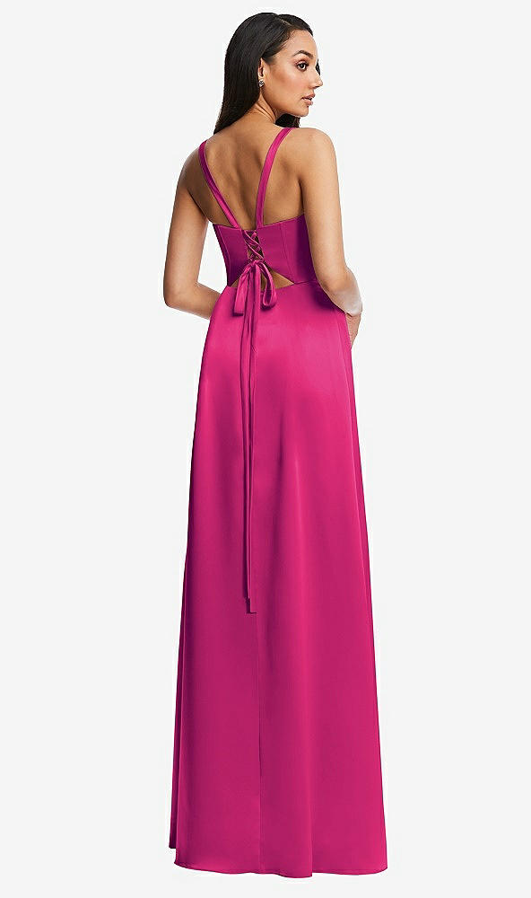 Back View - Think Pink Lace Up Tie-Back Corset Maxi Dress with Front Slit