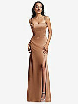 Front View Thumbnail - Toffee Lace Up Tie-Back Corset Maxi Dress with Front Slit