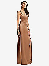 Side View Thumbnail - Toffee Lace Up Tie-Back Corset Maxi Dress with Front Slit