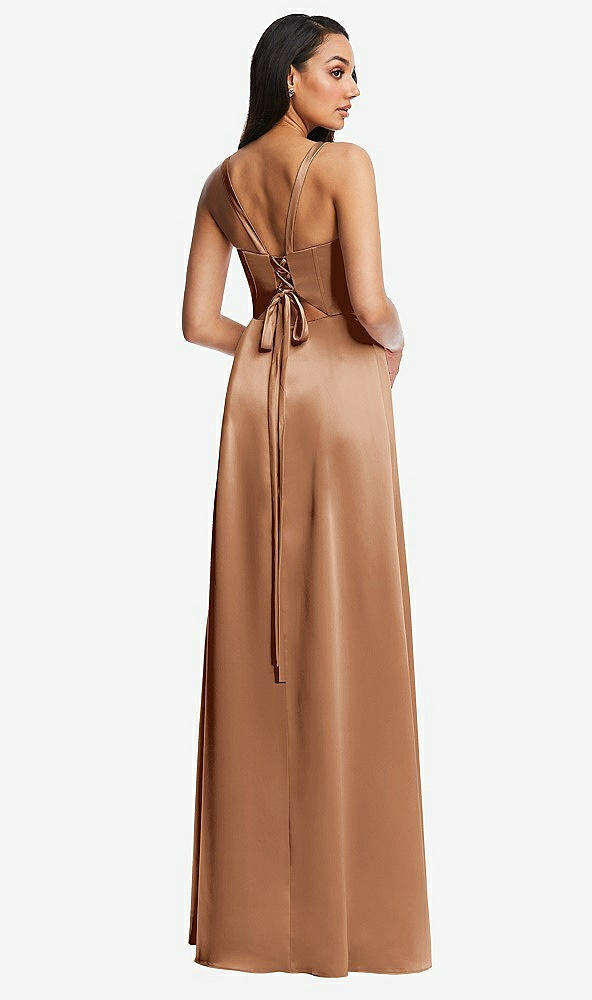 Back View - Toffee Lace Up Tie-Back Corset Maxi Dress with Front Slit
