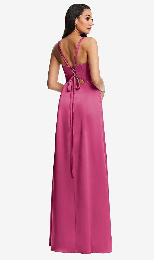 Back View - Tea Rose Lace Up Tie-Back Corset Maxi Dress with Front Slit