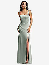 Front View Thumbnail - Willow Green Lace Up Tie-Back Corset Maxi Dress with Front Slit
