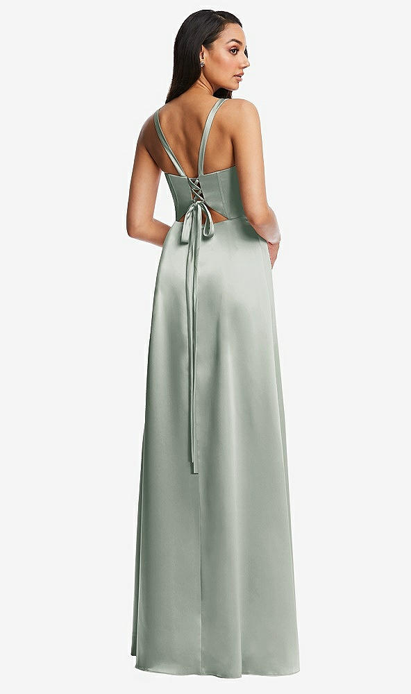 Back View - Willow Green Lace Up Tie-Back Corset Maxi Dress with Front Slit