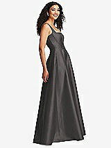 Side View Thumbnail - Caviar Gray Boned Corset Closed-Back Satin Gown with Full Skirt and Pockets