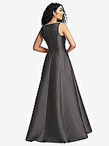 Rear View Thumbnail - Caviar Gray Boned Corset Closed-Back Satin Gown with Full Skirt and Pockets