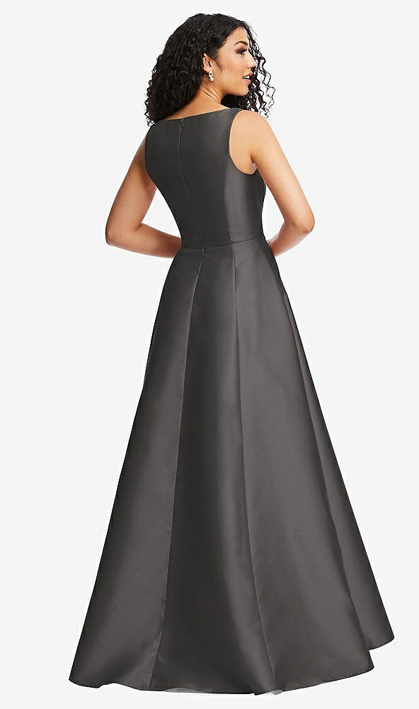 Back View - Caviar Gray Boned Corset Closed-Back Satin Gown with Full Skirt and Pockets