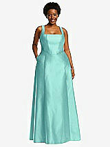 Alt View 1 Thumbnail - Coastal Boned Corset Closed-Back Satin Gown with Full Skirt and Pockets