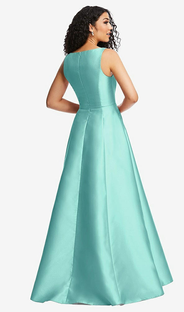 Back View - Coastal Boned Corset Closed-Back Satin Gown with Full Skirt and Pockets
