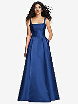 Front View Thumbnail - Classic Blue Boned Corset Closed-Back Satin Gown with Full Skirt and Pockets