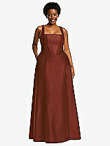 Alt View 1 Thumbnail - Auburn Moon Boned Corset Closed-Back Satin Gown with Full Skirt and Pockets