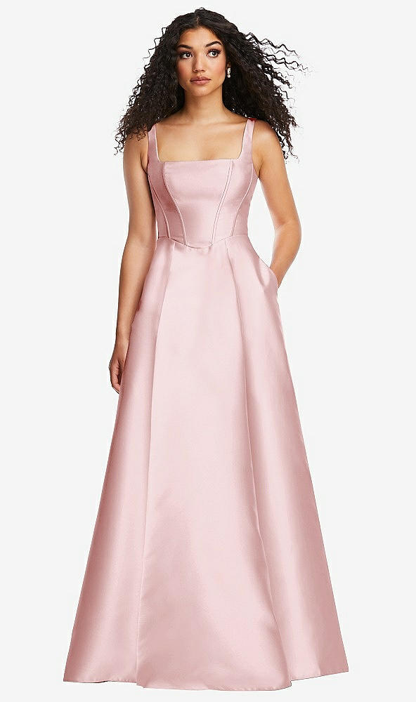 Front View - Ballet Pink Boned Corset Closed-Back Satin Gown with Full Skirt and Pockets