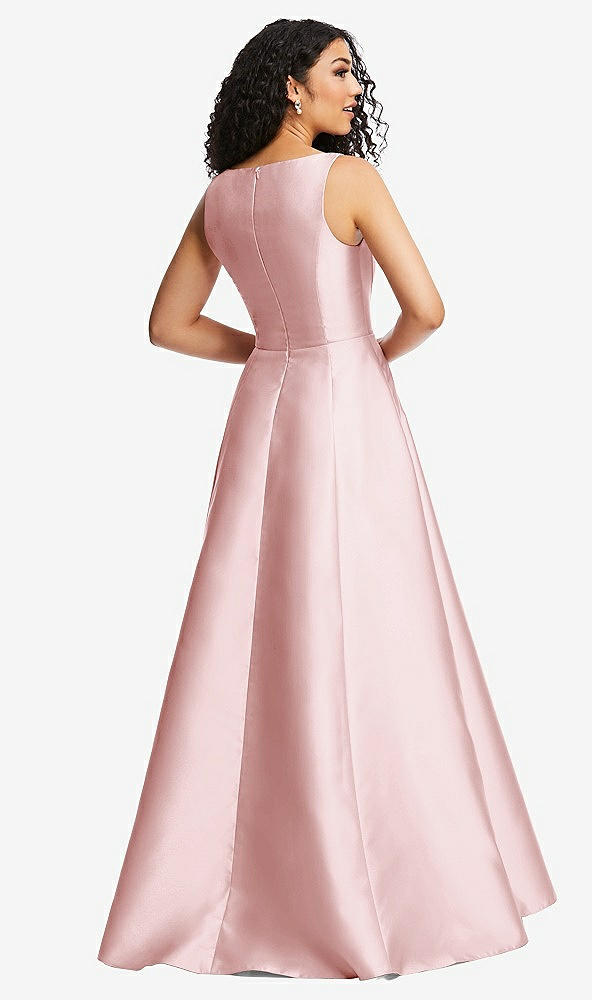 Back View - Ballet Pink Boned Corset Closed-Back Satin Gown with Full Skirt and Pockets