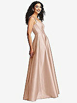 Side View Thumbnail - Cameo Boned Corset Closed-Back Satin Gown with Full Skirt and Pockets