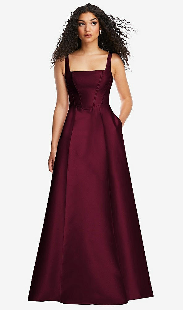 Front View - Cabernet Boned Corset Closed-Back Satin Gown with Full Skirt and Pockets