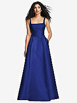 Front View Thumbnail - Cobalt Blue Boned Corset Closed-Back Satin Gown with Full Skirt and Pockets