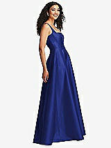Side View Thumbnail - Cobalt Blue Boned Corset Closed-Back Satin Gown with Full Skirt and Pockets