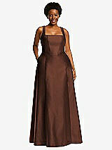 Alt View 1 Thumbnail - Cognac Boned Corset Closed-Back Satin Gown with Full Skirt and Pockets