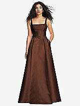 Front View Thumbnail - Cognac Boned Corset Closed-Back Satin Gown with Full Skirt and Pockets