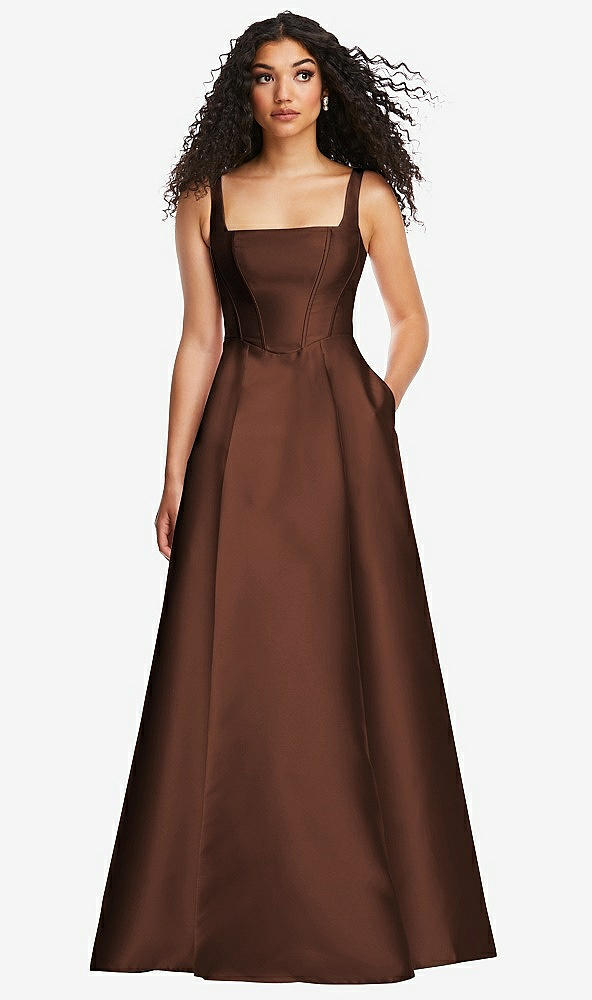 Front View - Cognac Boned Corset Closed-Back Satin Gown with Full Skirt and Pockets